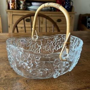 Vintage Aderia Glass Bowl/Basket w/ Rattan Handle
